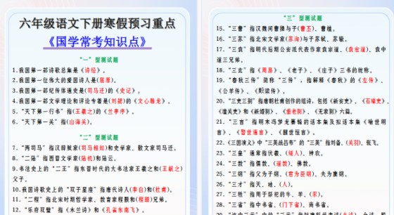 【2026寒假7页】六年级语文下册寒假预习重点 《国学常考知识点》-免费学习资料下载 - 开学吧