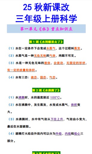 【2025秋新版】三年级上册科学 第一单元《水》重点知识点-免费学习资料下载 - 开学吧