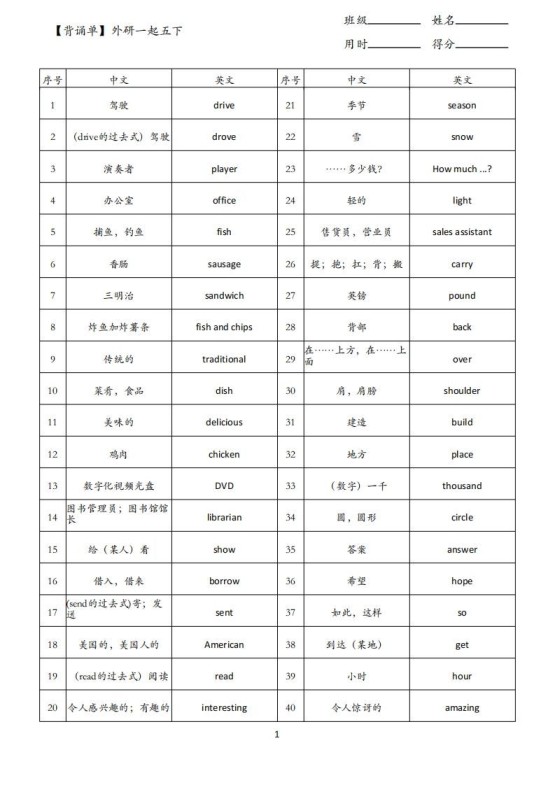【背诵单】外研一起五下英语-免费学习资料下载 - 开学吧
