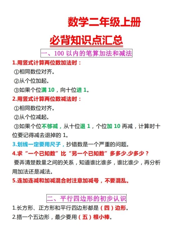 【苏教版】二上数学重点知识点汇总预习-免费学习资料下载 - 开学吧