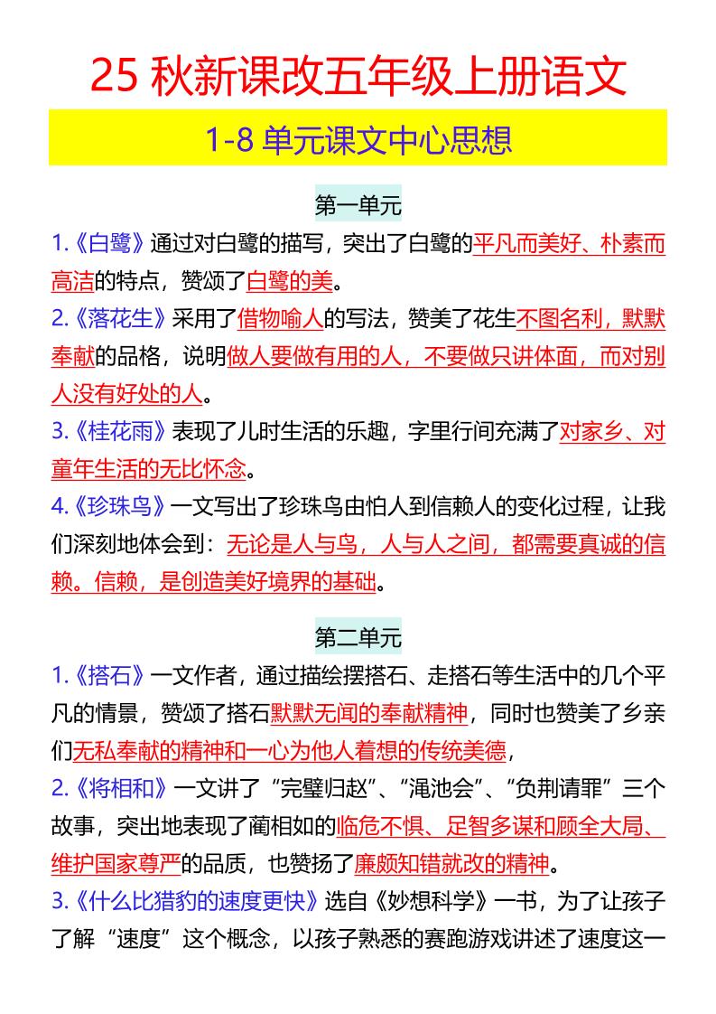 【2025秋新版】五年级上册语文1-8单元课文中心思想-小初高学习资料下载_真题试卷 - 开学吧资料库