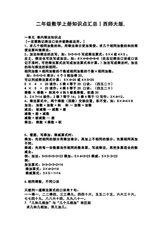 二上西师版数学重点知识点汇总预习-免费学习资料下载 - 开学吧