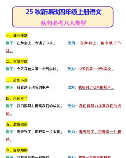 【2025秋新版】四年级上册语文 病句必考八大类型-免费学习资料下载 - 开学吧