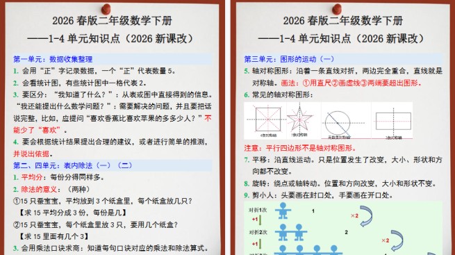 2026春新版二年级数学下册1-4单元知识点-免费学习资料下载 - 开学吧