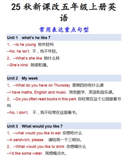 【2025秋新版】五年级上册英语 常用表达重点句型-免费学习资料下载 - 开学吧