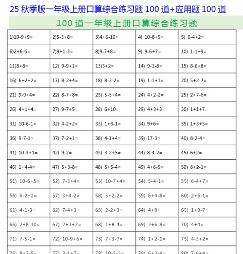 【2025秋新版】一年级上册口算综合练习题100道+应用题100道-免费学习资料下载 - 开学吧