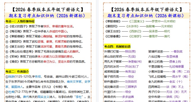 2026春新版【五年级下册语文】 期末复习考点知识归纳-免费学习资料下载 - 开学吧
