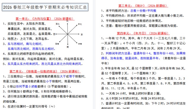 2026春新版三年级数学下册期末必考知识汇总-免费学习资料下载 - 开学吧