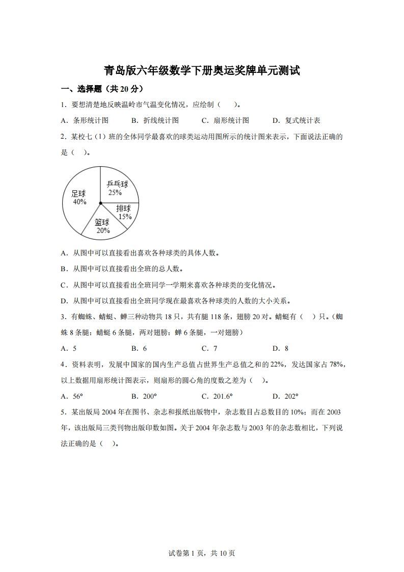 青岛63版数学六年级下册第五单元《奥运奖牌——扇形统计图》单元测试卷-小初高学习资料下载_真题试卷 - 开学吧资料库