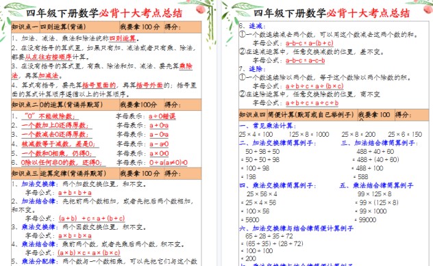 【2026春8页完整版】四年级（下）数学十大必背考点总结-免费学习资料下载 - 开学吧