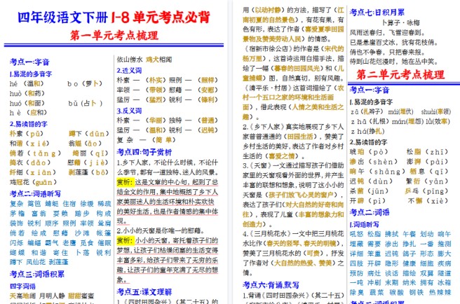 【2026春12页完整版】四（下）语文 1-8单元知识点总结-免费学习资料下载 - 开学吧