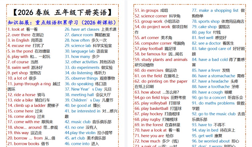 2026春新版【五年级下册英语】重点短语积累学习-免费学习资料下载 - 开学吧