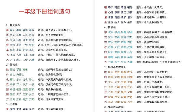 【2026春9页完整版】一年级下册生字组词造句-免费学习资料下载 - 开学吧