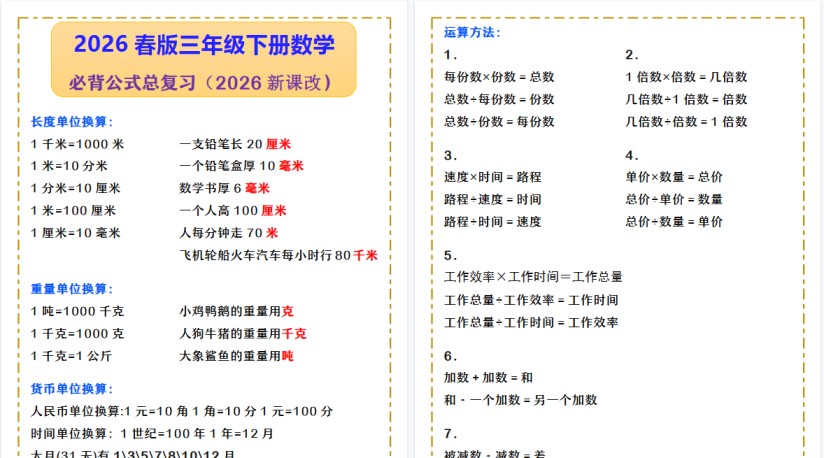 2026春新版三年级下册数学 必背公式总复习-免费学习资料下载 - 开学吧