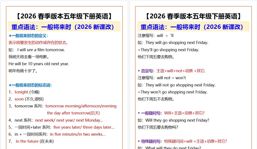 2026春新版【五年级下册英语】 重点语法：一般将来时-免费学习资料下载 - 开学吧