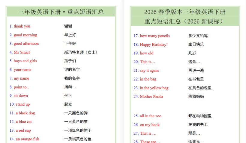 2026春新版三年级英语下册·重点短语汇总-免费学习资料下载 - 开学吧