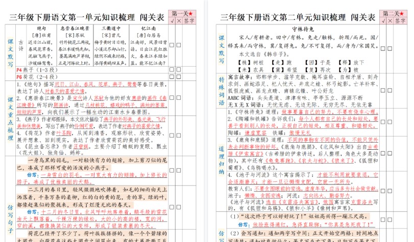 【2026春8页完整版】三下语文1-8单元知识闯关表-免费学习资料下载 - 开学吧