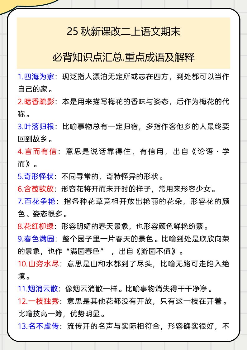【2025秋新版】二上语文期末必背知识点汇总.重点成语及解释-小初高学习资料下载_真题试卷 - 开学吧资料库