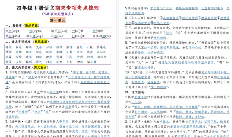 【2026春15页完整版】四年级（下）语文1-8单元专项考点梳理--免费学习资料下载 - 开学吧