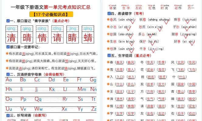 【2026春62页完整版】一（下）语文1-8单元考点总结+练习-免费学习资料下载 - 开学吧