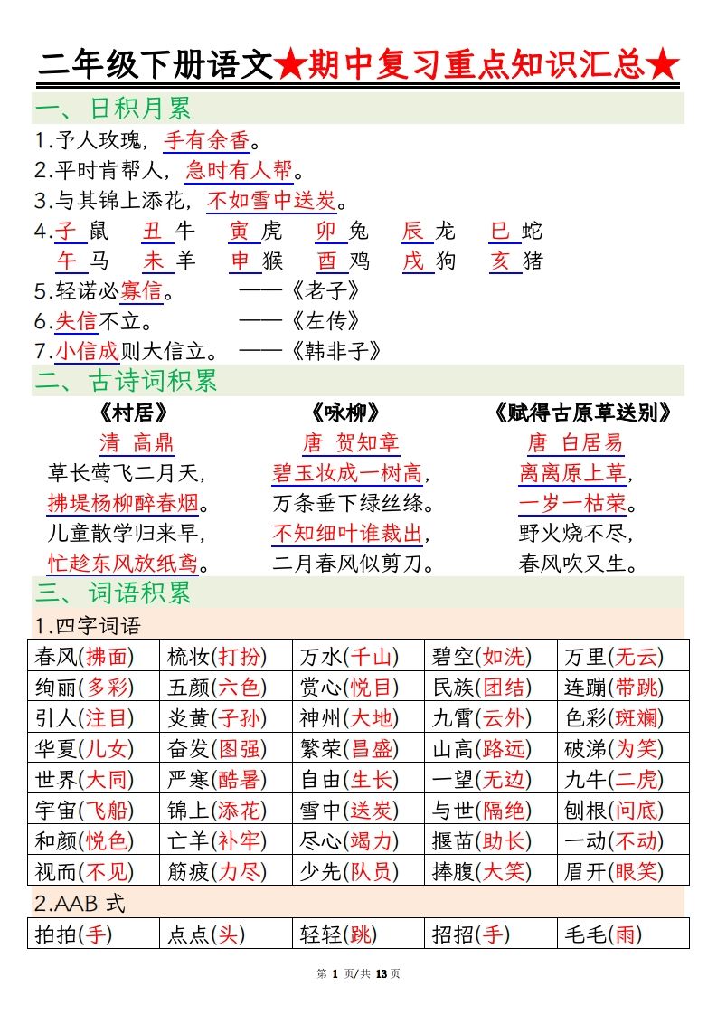 【语文】二年级下册语文期中重点知识汇总(1)-小初高学习资料下载_真题试卷 - 开学吧资料库