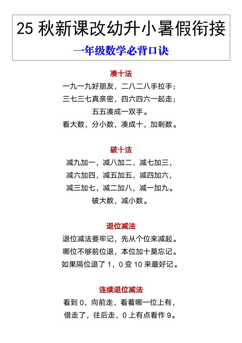 【2025秋新版】幼升小暑假衔接一年级数学必背口诀-一上数学-小初高学习资料下载_真题试卷 - 开学吧资料库