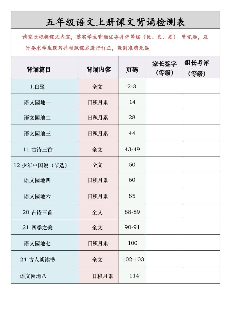 五年级语文上册课文背诵检测表-小初高学习资料下载_真题试卷 - 开学吧资料库