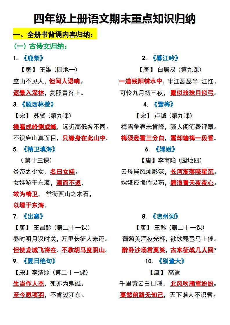 四上语文全册重点知识汇总-小初高学习资料下载_真题试卷 - 开学吧资料库