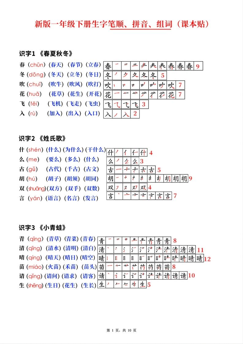 新版一年级下册语文生字笔顺拼音组词(课本贴)-小初高学习资料下载_真题试卷 - 开学吧资料库