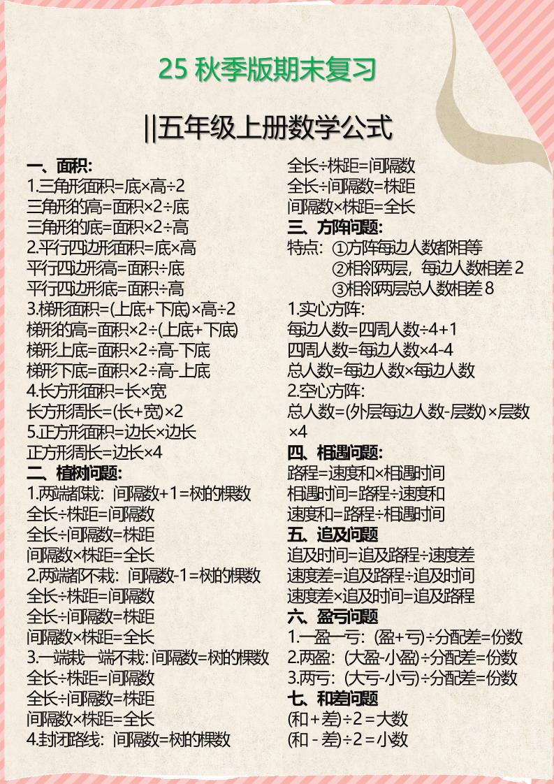 【2025秋新版】五年级上册必备数学公式-小初高学习资料下载_真题试卷 - 开学吧资料库