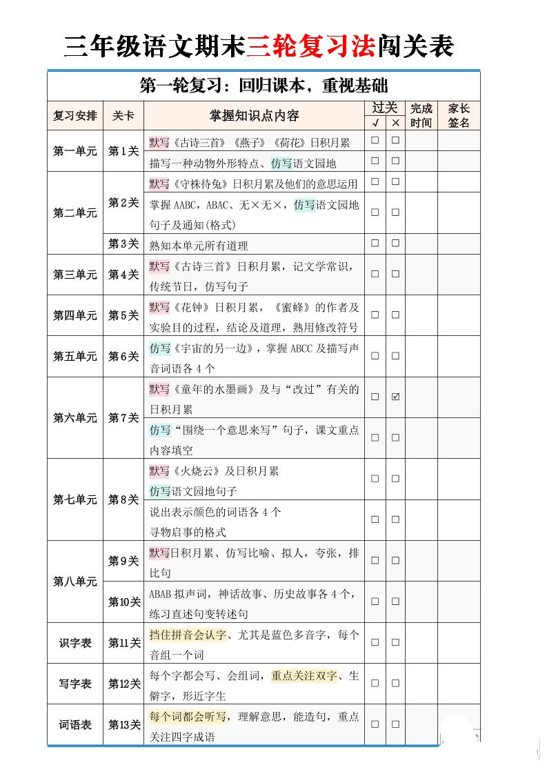 三下语文【期末三轮复习法闯关表】（2页）-小初高学习资料下载_真题试卷 - 开学吧资料库