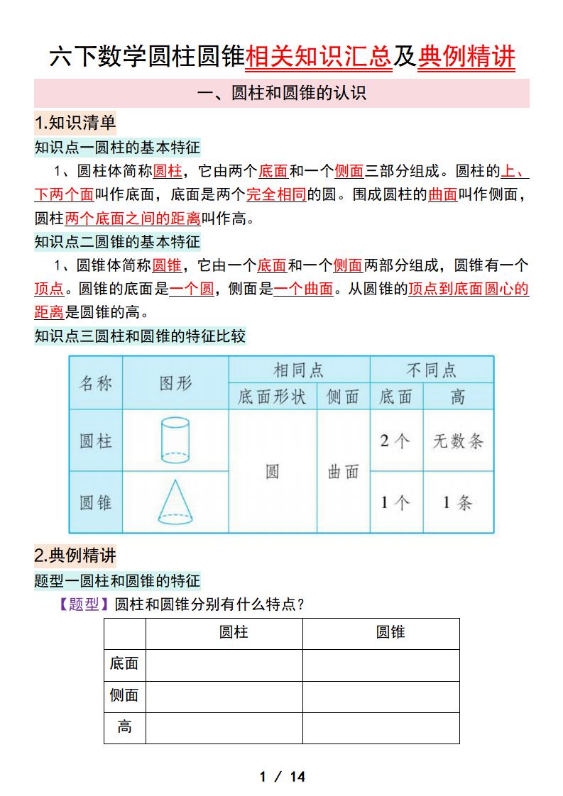 六下数学圆柱圆锥相关知识汇总及典例精讲-小初高学习资料下载_真题试卷 - 开学吧资料库