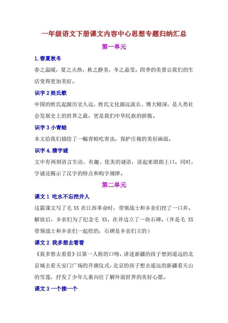 一年级语文下册课文内容中心思想专题归纳汇总-小初高学习资料下载_真题试卷 - 开学吧资料库