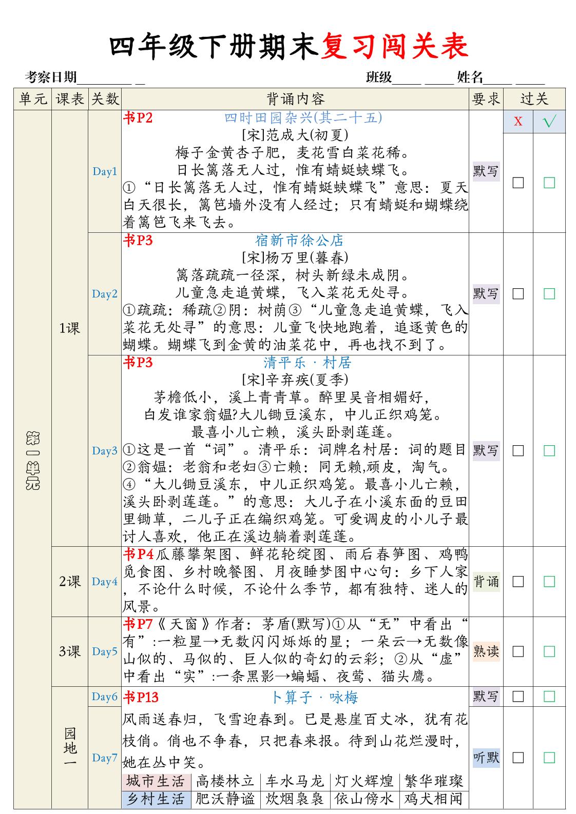 四下语文期末背诵闯关表-小初高学习资料下载_真题试卷 - 开学吧资料库
