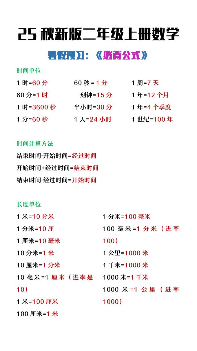【2025秋新版】二年级上册数学暑假必背公式-小初高学习资料下载_真题试卷 - 开学吧资料库