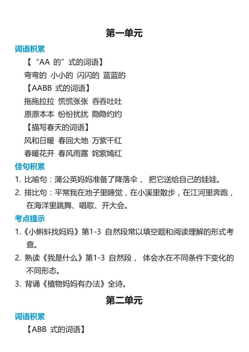 二年级语文上册词语佳句考点积累-小初高学习资料下载_真题试卷 - 开学吧资料库