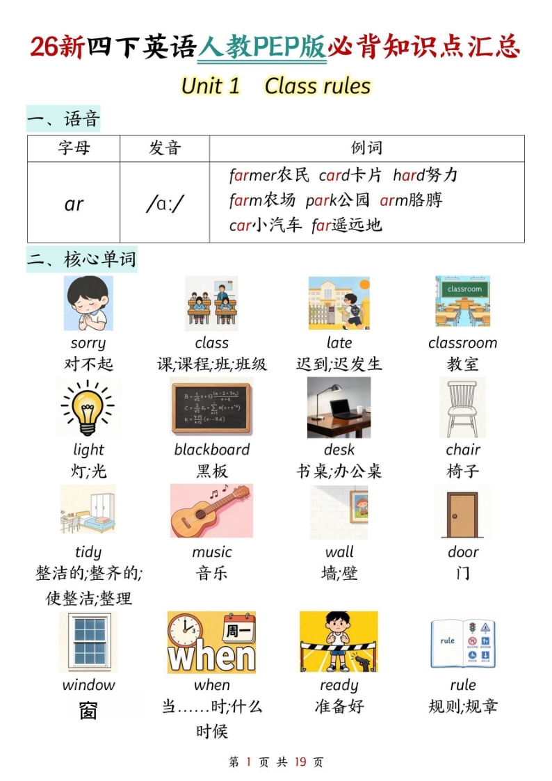 26新四下英语人教PEP版必背知识点汇总-小初高学习资料下载_真题试卷 - 开学吧资料库