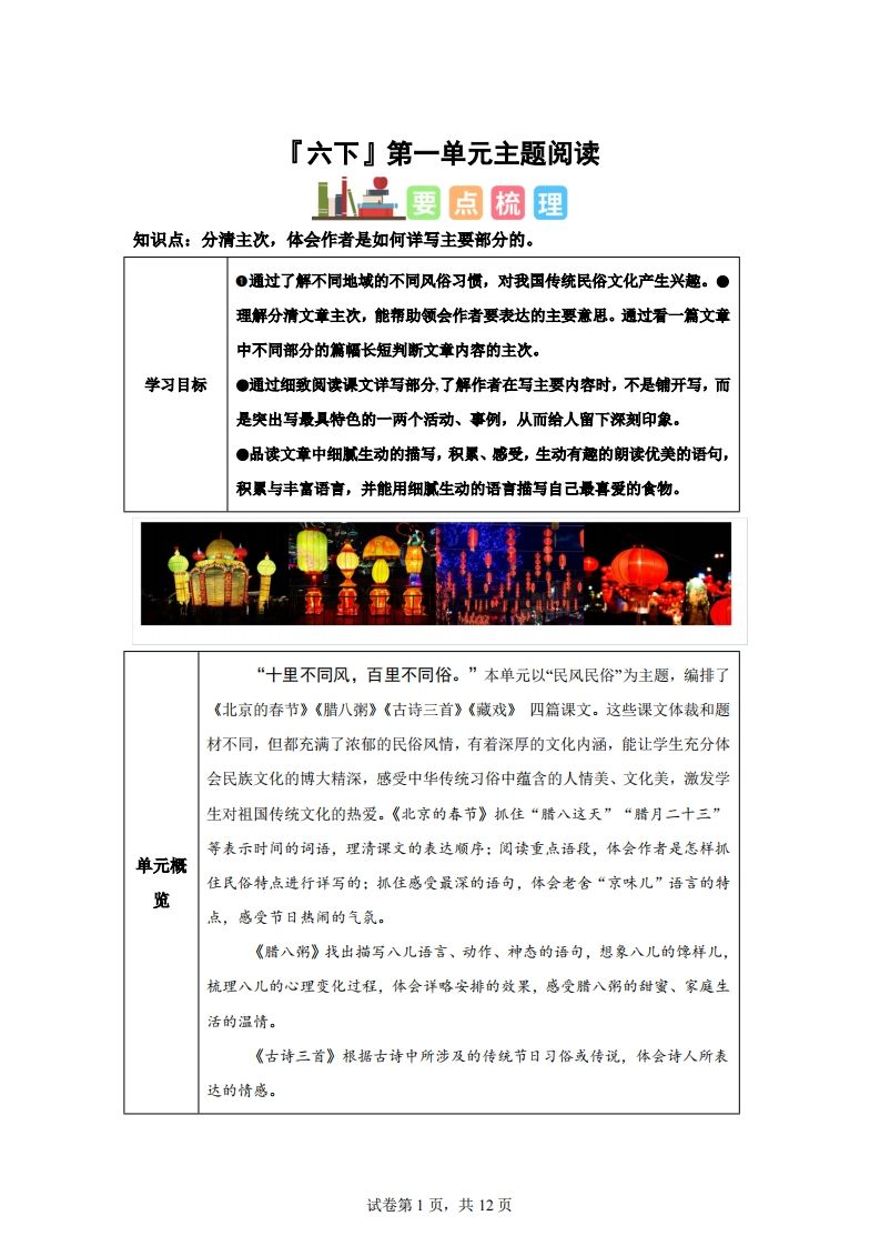 【主题阅读】统编版语文六年级下册第一单元“民风民俗”(主题阅读)-小初高学习资料下载_真题试卷 - 开学吧资料库