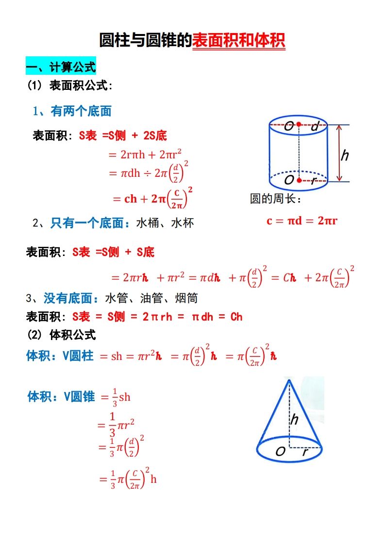 六下数学【圆柱与圆锥的思维导图和公式】-小初高学习资料下载_真题试卷 - 开学吧资料库