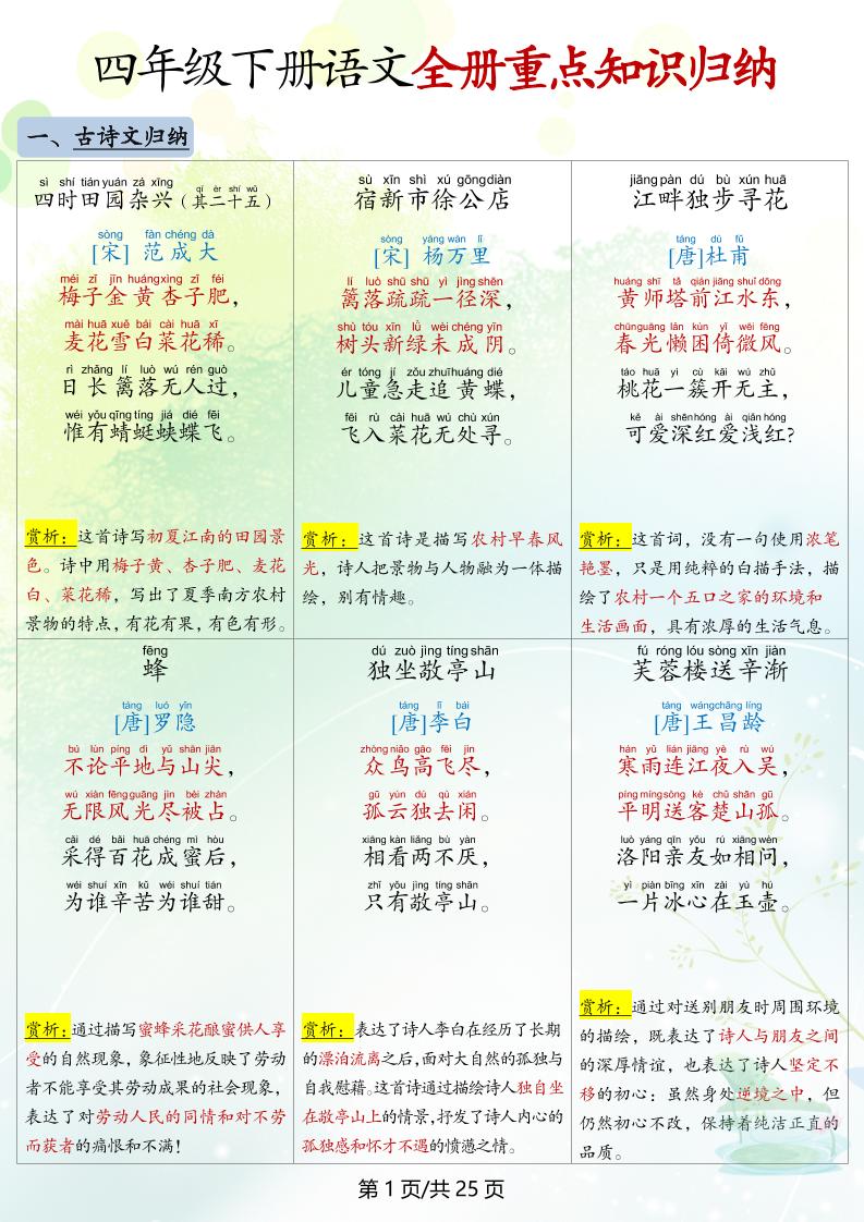 四下语文全册重点知识归纳-小初高学习资料下载_真题试卷 - 开学吧资料库