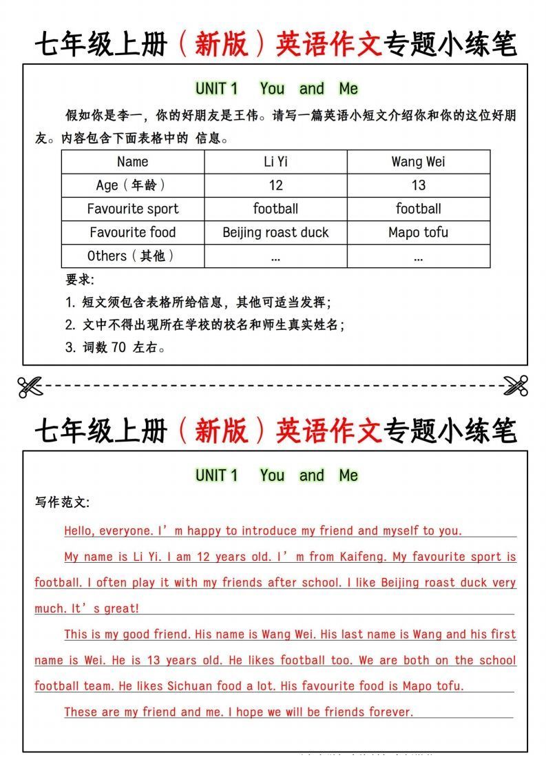 七年级上册（新版）英语作文专题小练笔-小初高学习资料下载_真题试卷 - 开学吧资料库