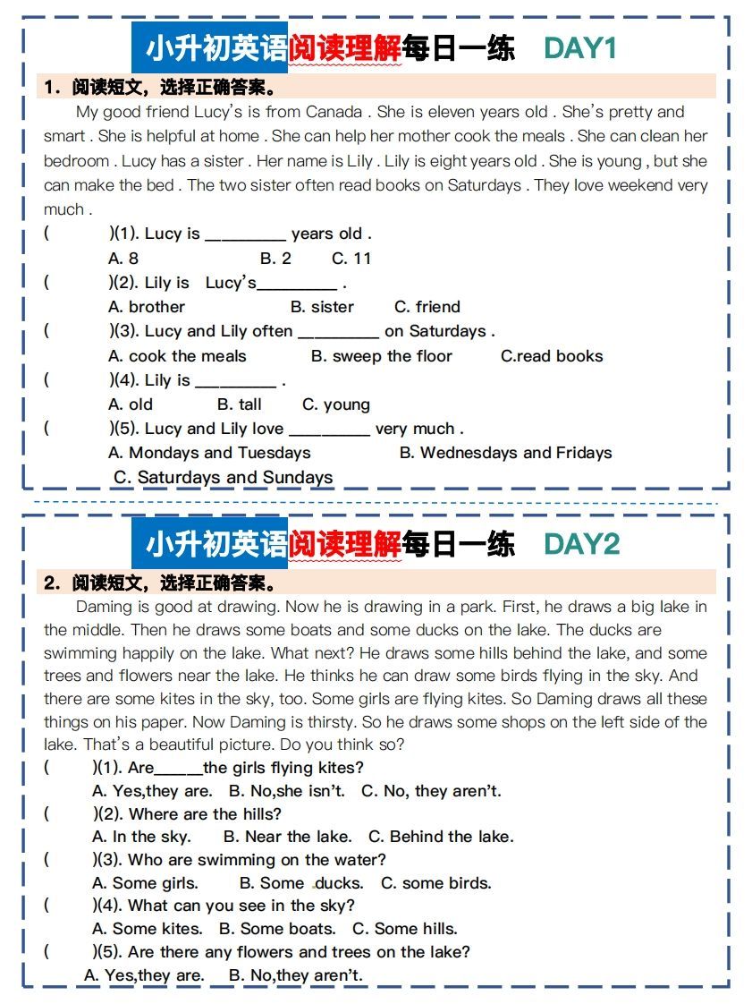 小升初英语阅读理解每日一练-小初高学习资料下载_真题试卷 - 开学吧资料库