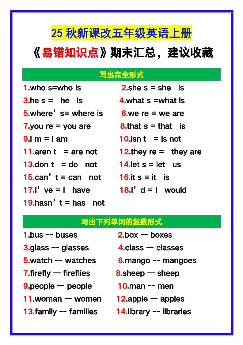 【2025秋新版】五年级英语上册《易错知识点》汇总,建议收藏!-小初高学习资料下载_真题试卷 - 开学吧资料库