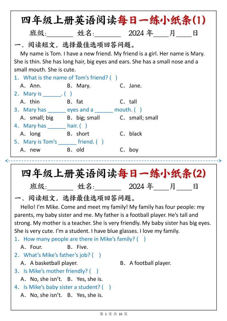 四上英语阅读每日一练小纸条-小初高学习资料下载_真题试卷 - 开学吧资料库