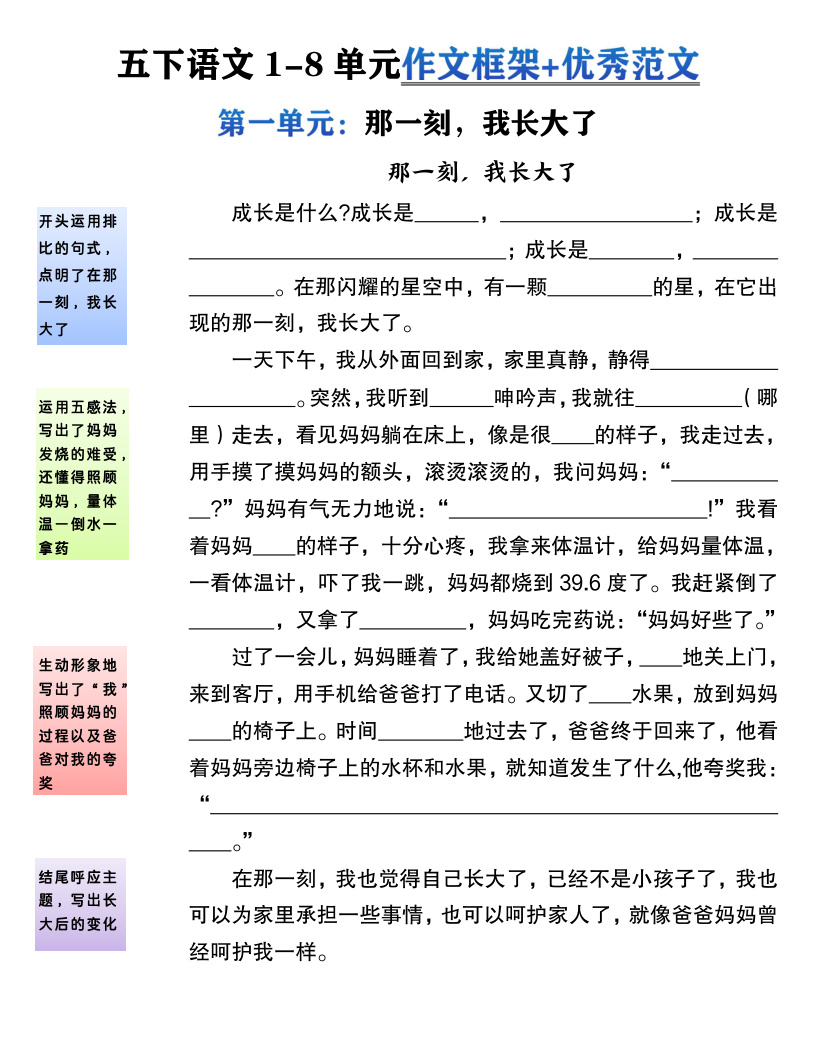五年级（下)语文1-8单元作文框架空白版(1)-小初高学习资料下载_真题试卷 - 开学吧资料库