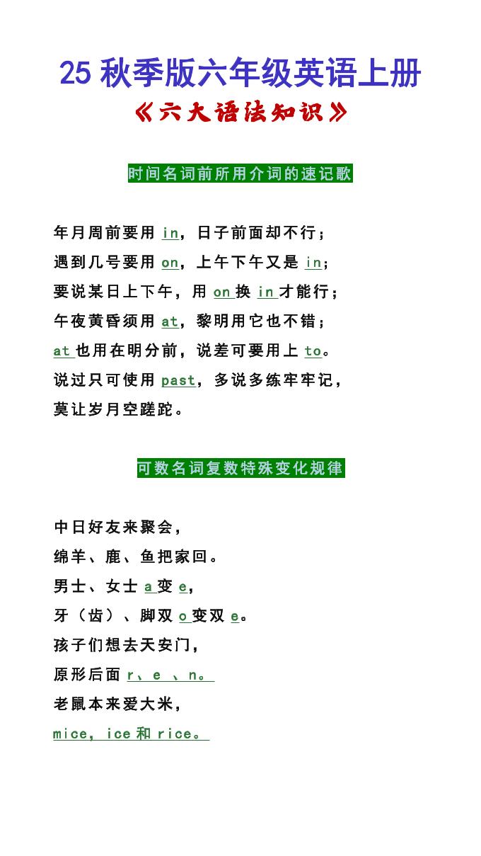 【2025秋新版】六年级英语上册《六大语法知识》-小初高学习资料下载_真题试卷 - 开学吧资料库