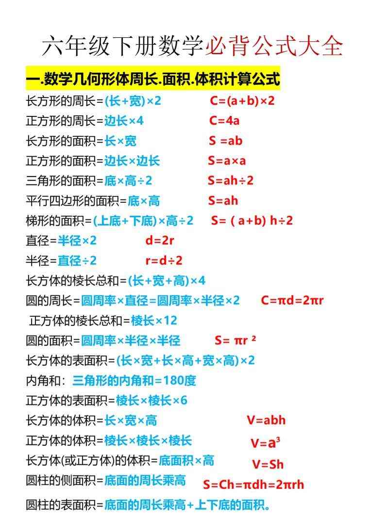 六年级下数学期末必背公式大全-小初高学习资料下载_真题试卷 - 开学吧资料库