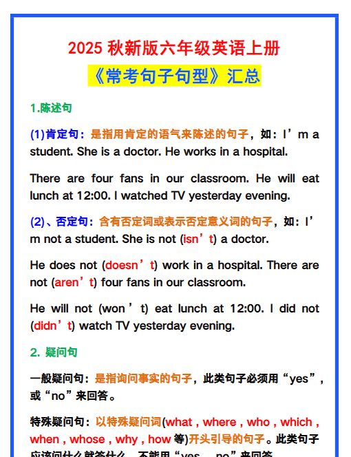 【2025秋新版】六年级英语上册《常考句子句型》汇总，学习巩固必备！-开学吧
