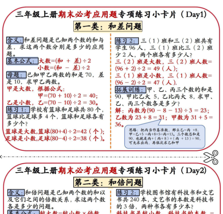 三上期末必考应用题专项训练小卡片-开学吧