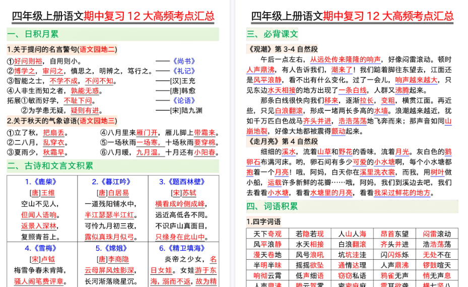 【23页高清完整版】四年级上册语文十二大高频考点汇总-小初高学习资料下载_真题试卷 - 开学吧资料库